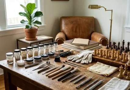 A collector carefully examines a vintage chess piece with a magnifying glass